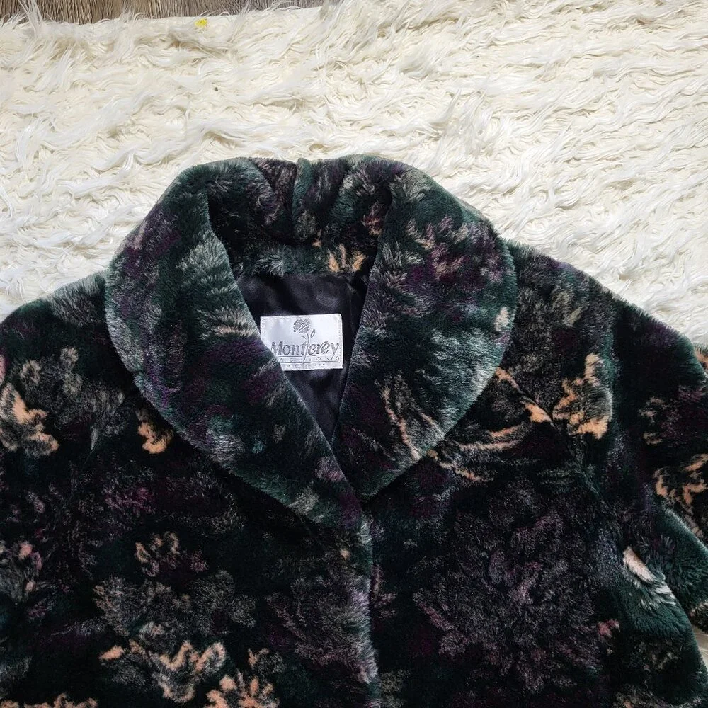Vintage Monterey Fashions Faux Fur Black Leaf Swing Coat Jacket Medium - Picture 3 of 15